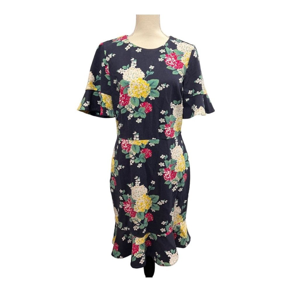 Draper James Womens L Dress Floral Ruffle Midi Blue Stretchy Knit Career Office